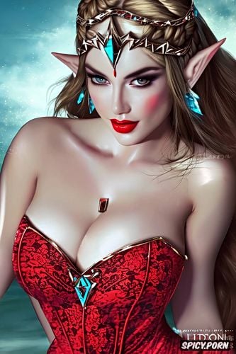 ultra detailed, princess zelda legend of zelda sexy tight low cut red lace dress tiara beautiful face full lips milf masterpiece