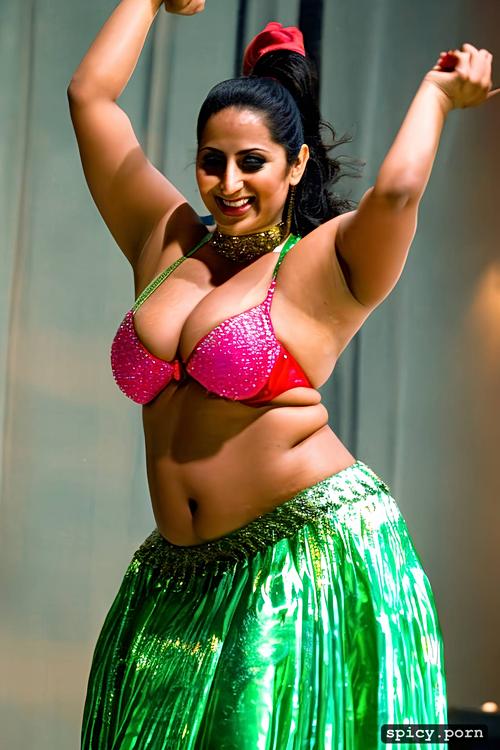 performing on stage, 39 yo beautiful indian dancer, intricate beautiful dancing costume with bikini top