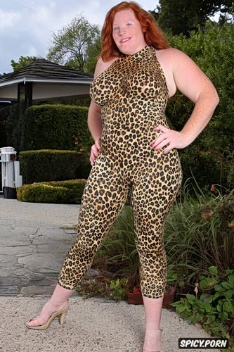 dressed furry catsuit, ginger hair, curvy mature very obese woman