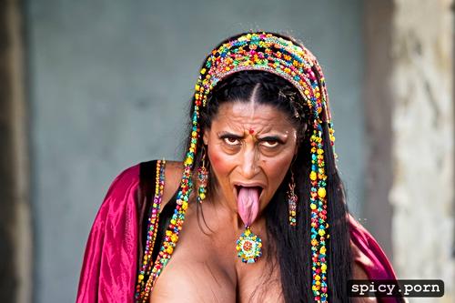 in a high resolution 4k image many colors an 50 year old berber woman adorned with hair jewelry staring straight into camera with tongue out in a face portrait with a long neck sticking her long tongue out in the camera tongue ring long tongue pink tongue tongue out cum on tongue cum all over face pov bukkake