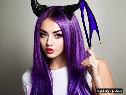 selfie, black demonic tail, solo, cheerleader, slim body, purple hair
