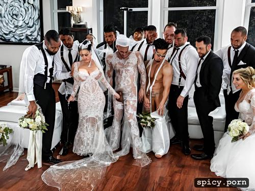 hairy pussy, gangbang on the wedding day, as a bride fuck and sucks many dicks