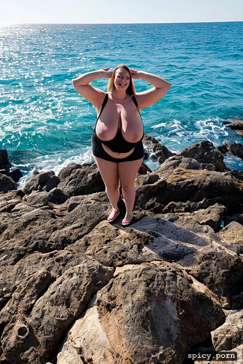 giant saggy tits, standing straight at a black sea beach, humongous hanging hooters