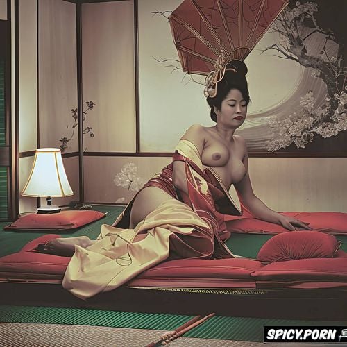 sepia, spreading legs, topless, drooping tits, royalty, japanese nude geisha