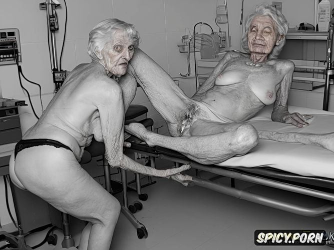 sagging empty flat wrinkled breasts, completely naked demented elderly woman