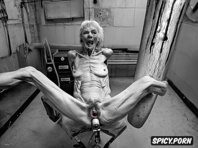 zombie, grey hair, super old granny, pale, indoors, spreading legs