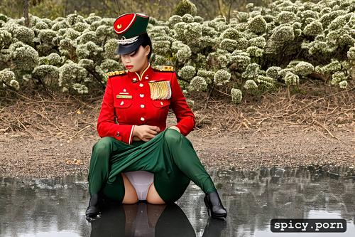 chinese soldier, wet clothes, military uniform, transparent underpants