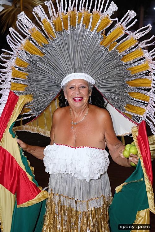 color portrait, beautiful smiling face, long wavy hair, 70 yo beautiful white caribbean carnival dancer