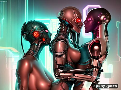 small tits, robot women, lesbian, kissing, shiny skin, mechanical limbs