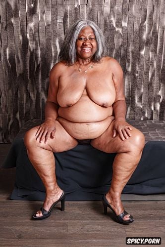 body wrinkles, high heels, solo on bed black sexy, fat, saggy