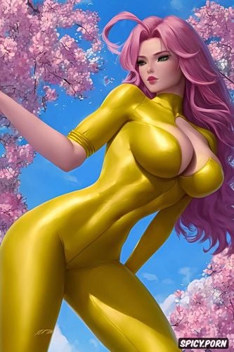 hot babe, yellow skintight suit, blue details on suit, side vieuw