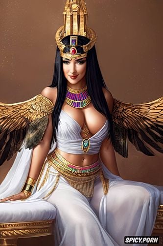 sacred jewelry, sitting on throne, wings, sharp focus, pissing