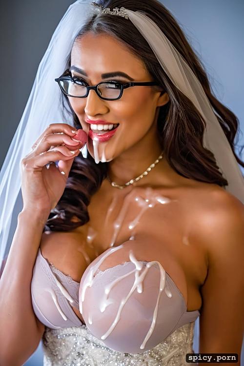 8k, smiling wearing wedding dress with cum on face and boobs
