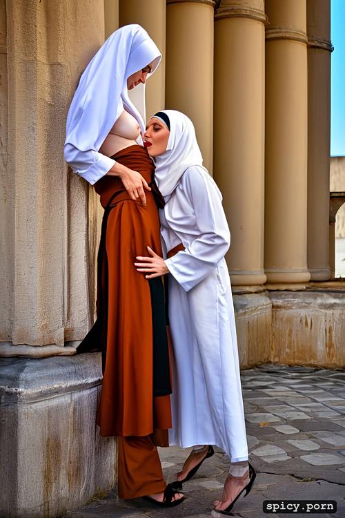 white christian nun, muslim woman in hijab, mosque, 19 years old