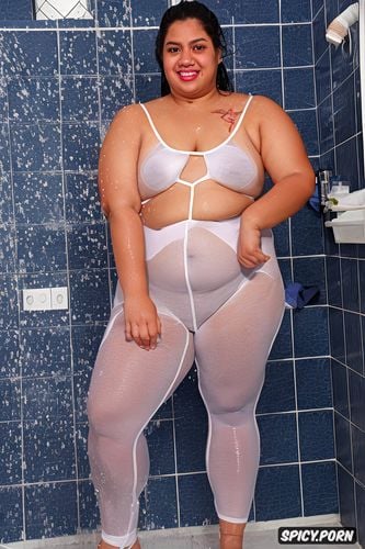 huge flabby belly, ssbbw hispanic woman in a transparent white and tight bodysuit