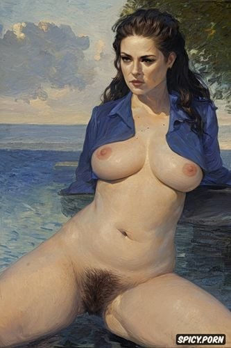 twisting torso, manet, long nose, teen breasts, courbet, grabing belly