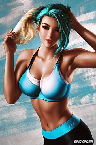 mercy overwatch beautiful face turquoise push up sports bra dark red yoga pants portrait