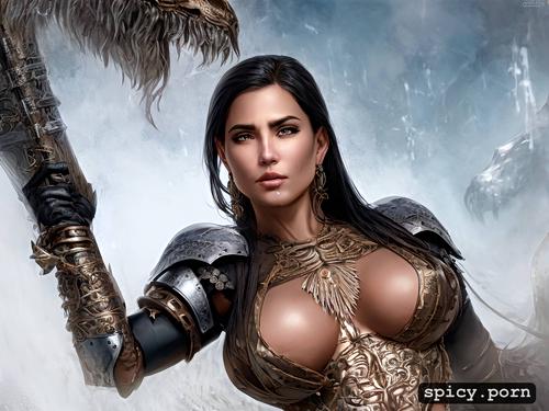 dark hair, medieval fantasy warrior, latin woman with detailed face