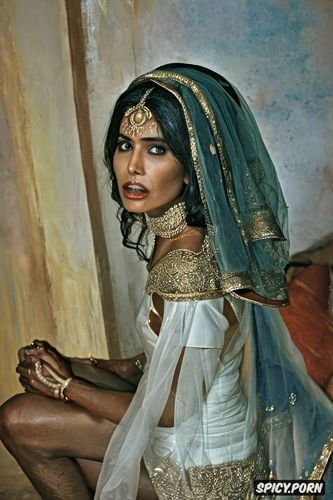 a beautiful young petite indian villager bride, her delicate features etched with fear and shame as she is forcefully led into a bedroom by several men of the local panchayat