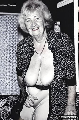 very old german grandma, very fat saggy tits, open shirt, titjob