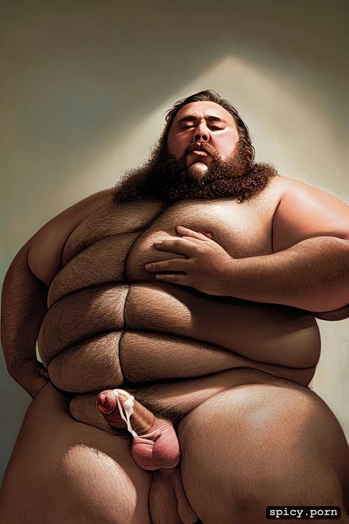 whole body, round face with beard, short blond hair, super obese chubby man