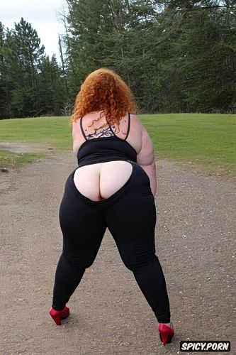 big ass, undressing, long curly ginger hair, facing camera, thick thighs