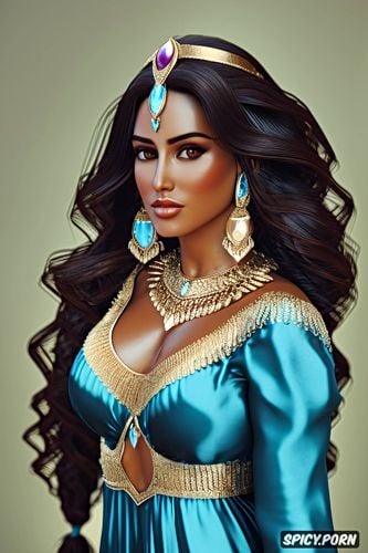 brown eyes, diadem, flowing low cut sheer blue arab dress, masterpiece