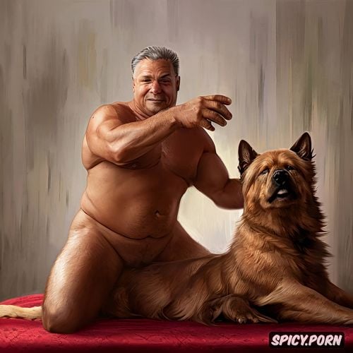 old naked man kneeling behind a huge german shephard dog