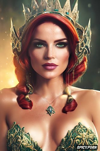 ultra detailed, triss merigold the witcher female fantasy queen fantasy castle crown royal gown beautiful face portrait muscles