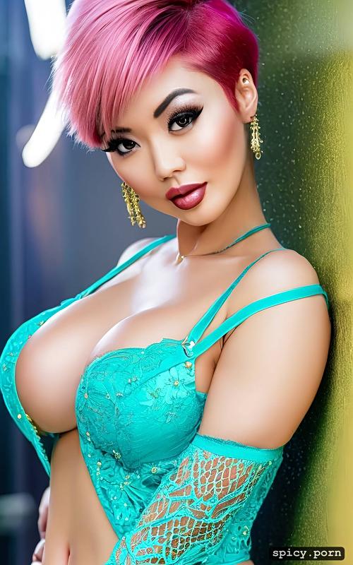 pink pixie hair, 25 yo, solid colors, large breasts, portrait