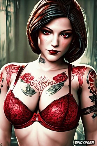 ultra realistic, high resolution, tattoos small perky tits slutty dark red lace lingerie masterpiece