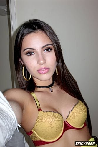 seductive look, shoulder length hair, lace bra, headshot, real amateur selfie of a hot spanish teen female