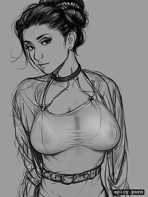 rough sketch, hair curls, very small boobs, dark nipples, slave collar