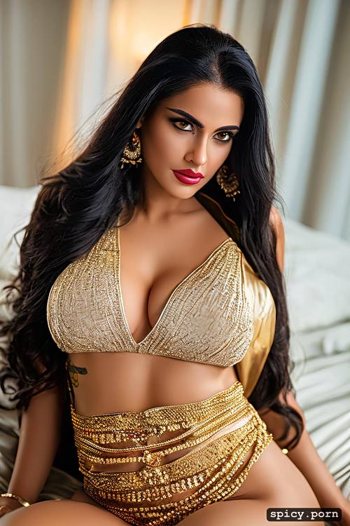 gorgeous face, half saree, laying on bed, curvy hip, big boobs