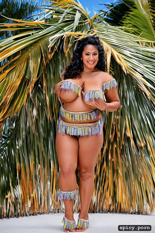 flawless smiling face, 36 yo beautiful tahitian dancer, intricate beautiful hula dancing costume