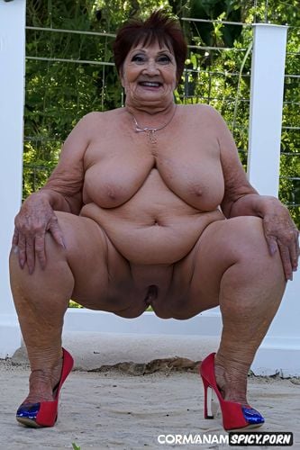 80yo, standing in heels, macromastia1 4, pov frontal obese open pussy lips plumper chunky elderly grandmother