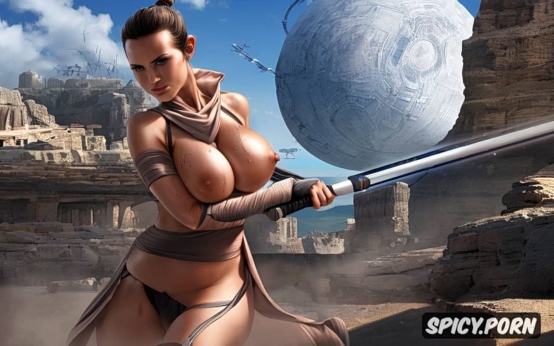 big bouncing tits sweaty, embarrassed shocked blushing angry jedi sith rey skywalker covering her nipples with her hands
