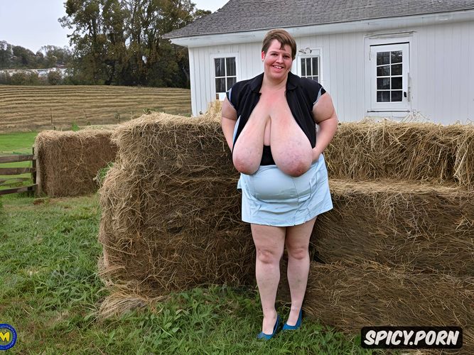 standing straight chubby pretty face tits double the size worn out farm wife cloths with tits hanging out standing at farmyard tits double the size