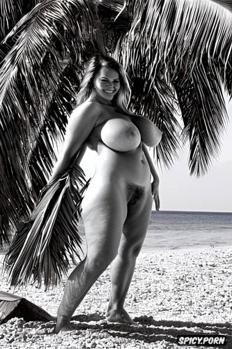 humongous hanging tits, perfect beautiful smiling face, beach