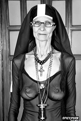 nun, glasses, empty hanging wrinkled breasts, ultra realistic