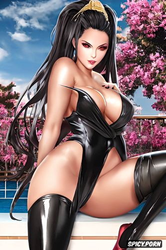 pale soft skin, black voidless eyes, and massive big juicy breasts with perky hard nipples that are peaking through the kimono kuro wears black a pitch black kimono that slightly covers her oiled curvy divine body her shoes are long