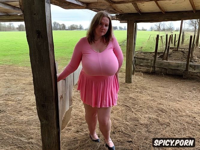 standing straight in east european farmyard, big dumb eyes, with completely huge floppy tits
