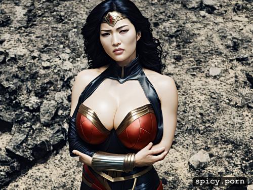 8k, enormous swollen tits, leaning forward, tit close up, japanese goth wonder woman