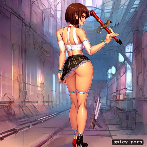 skinny body, holding wrench, small ass, bobcut hair, stunning face
