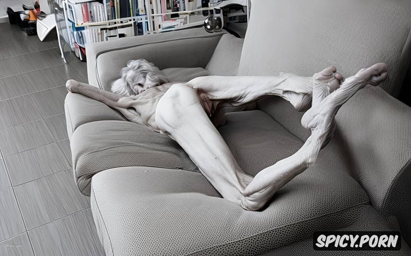 couch, grey hair, ninety, pale, scrawny, indoors, spreading hairy pussy