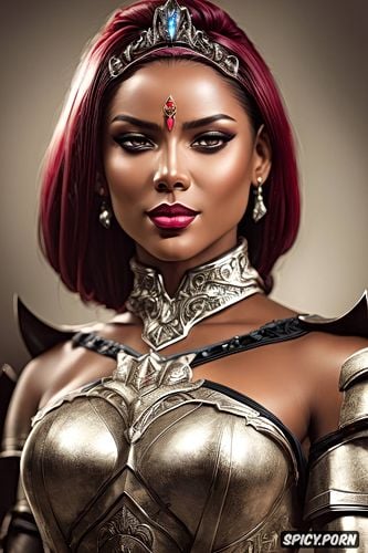 full lips, dark ebony skin, tiara, high cheekbones, wearing black scale armor