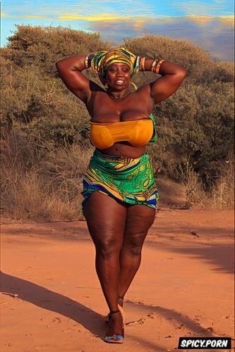 african dress, thick legs, sunset light, huge massive boobs