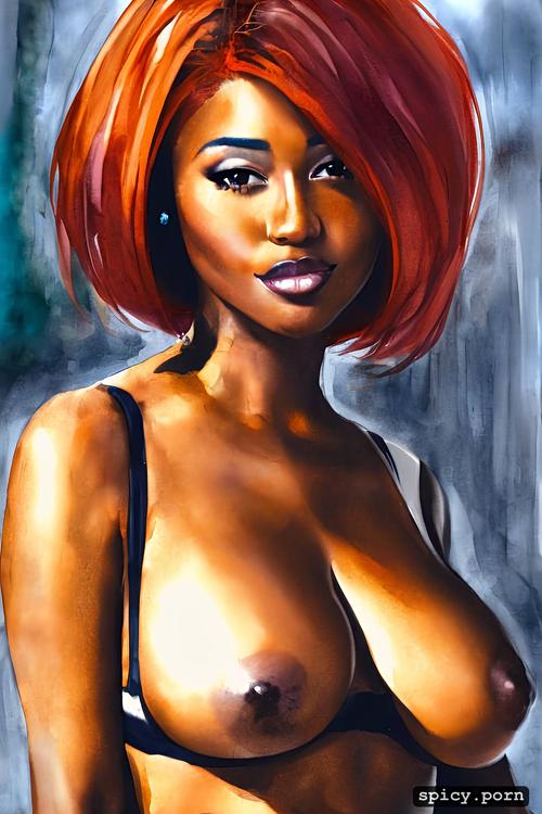 street, bra, 20 years, ebony woman, large breasts, ginger hair