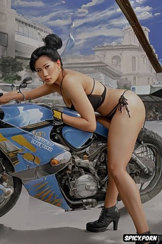 renoir, hourglass figure, small tits, sitting on motorcycle
