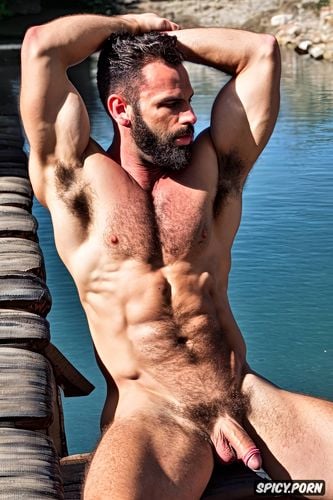 hairy body, arms up, hairy chest, hairy muscled body, naked muscled wet man